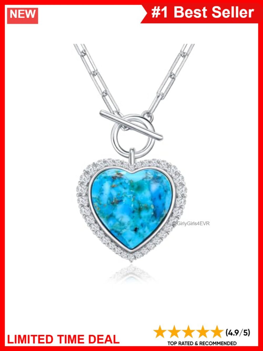 Sterling Silver Turquoise Heart Pendant Necklace 18in Paperclip Chain